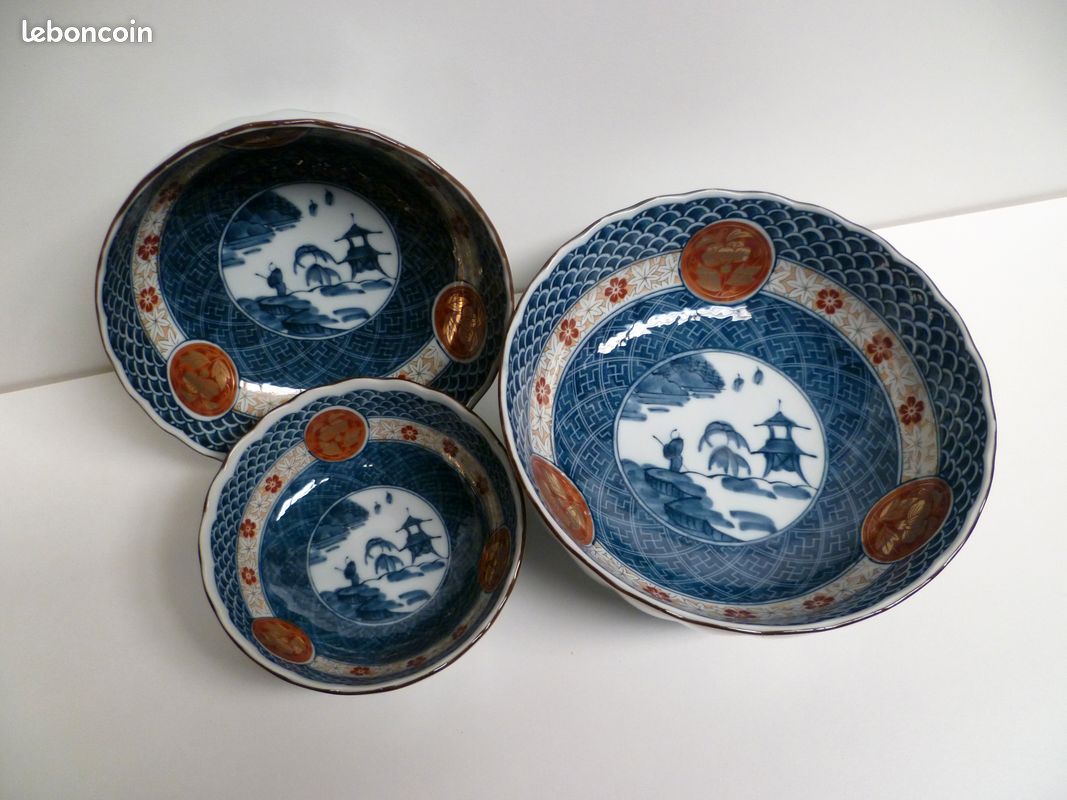 Lot De 3 Bols Japonais Bleus à Motifs Cerises – Porcelaine, Made In Japan