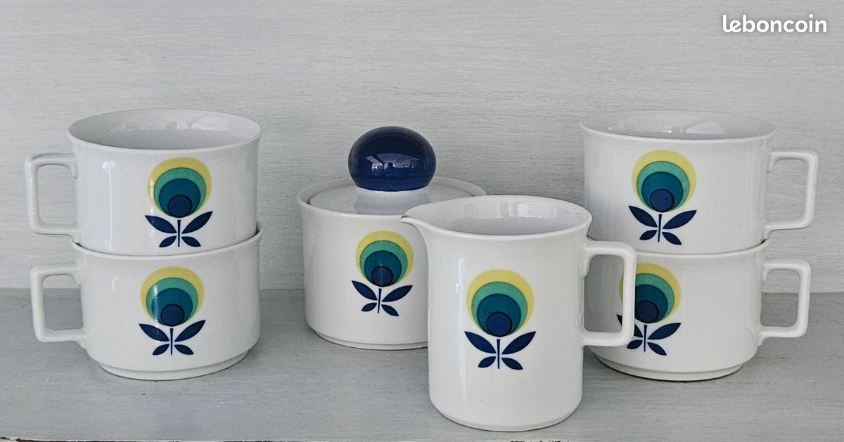 Service café thé vintage motif floral bleu vert jaune tasses sucrier crémier pot lait design Bavaria Schirnding 60’s 70’s (image 2)