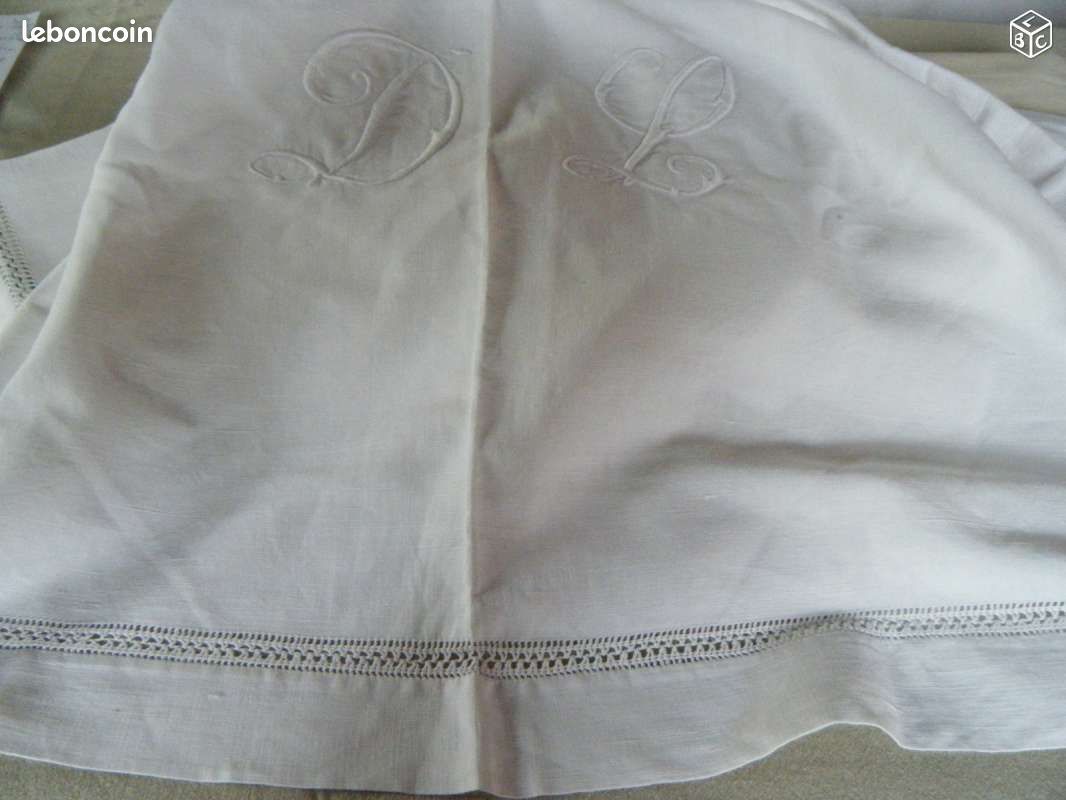 Drap lin blanc jour fantaisie monogramme "D L" (image 2)