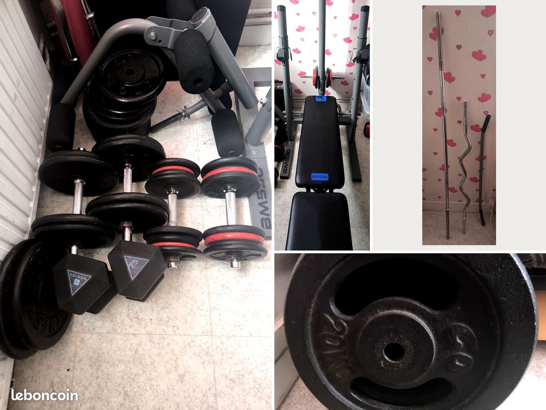 Disques fonte 1 /kg, lot musculation 249 kg + banc + poulie (image 1)