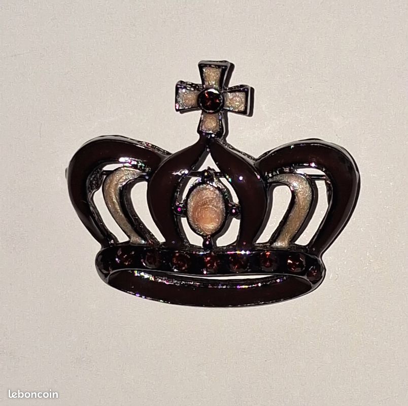 Broche Couronne Baroque Style Ancien - Métal Gris Anthracite & Strass Noir - Occasion