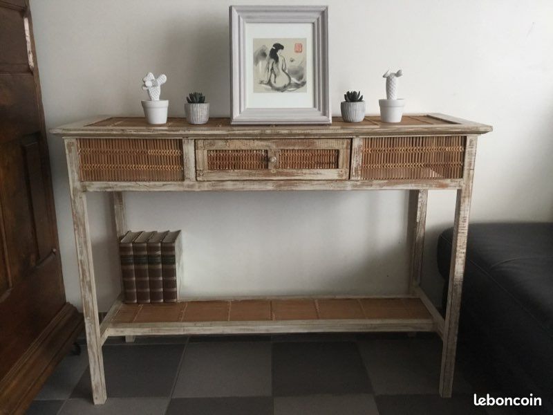 Meuble console style colonial en bois exotique et bambou (image 6)