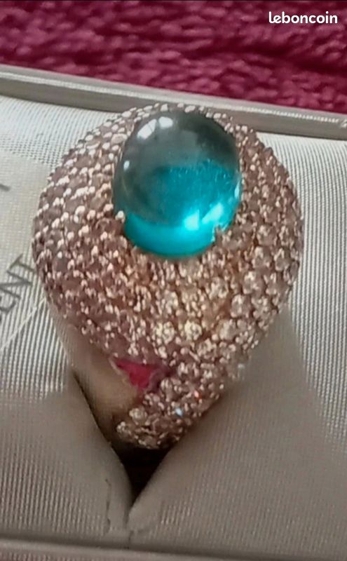 Bague En Argent Massif Avec Cabochons Bleus Et Zirconiums - Taille 60 - Occasion Sans Marque