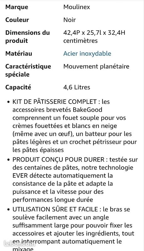 Robot moulinex neuf 1100WMoulinex Bake Partner, Robot pâtissier, Puissance 1100 W, Bol inox 4,6L, Batteur, Fouet, Pétrin, Blender, Découpe-légumes, Résultat homogène, Noir, QA522810 (image 9)