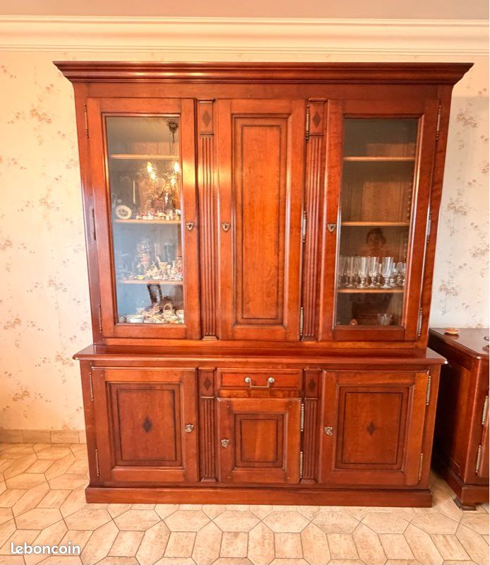 Bibliothèque-buffet antique en bois massif, marqueterie losange, style Henri II (image 1)