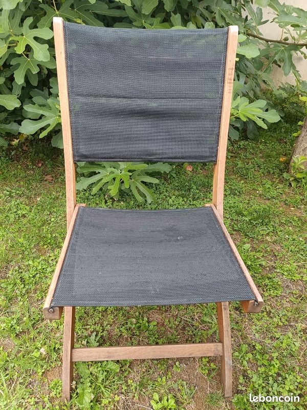 Chaise pliante teck toile noire (image 1)
