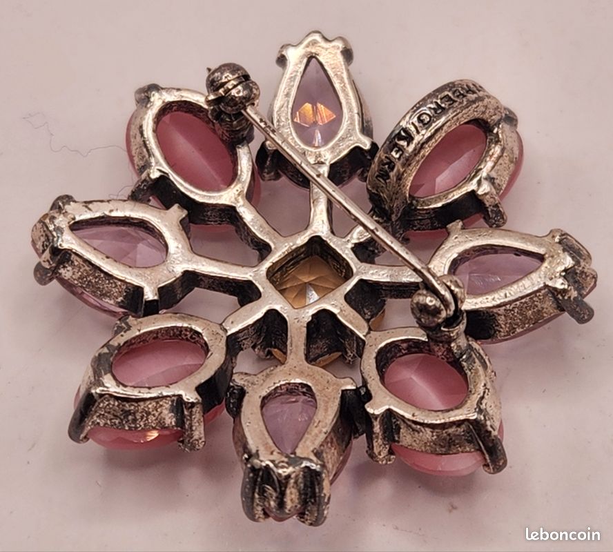 Broche Vintage Rare Or Rose Avec Cristaux Roses, Violets Et Citrine - Modèle 3509, Excellent état