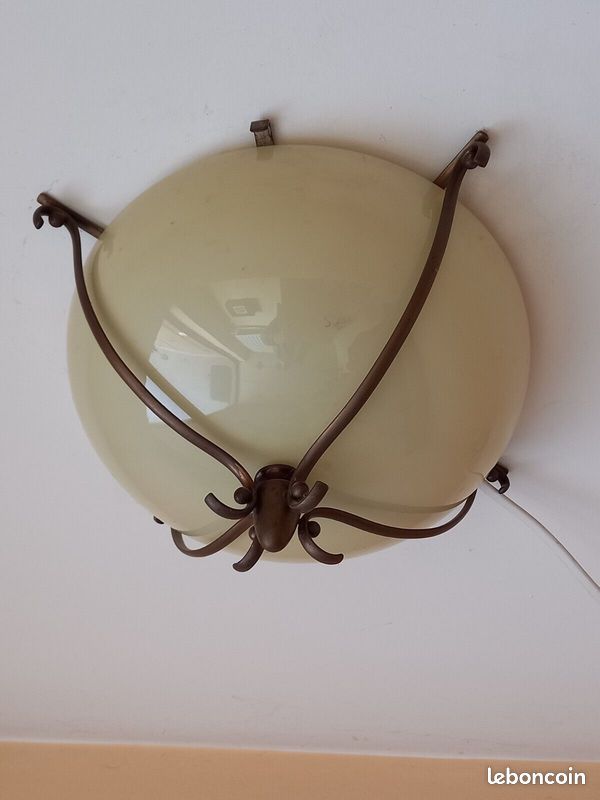 Plafonnier Vintage Laiton Et Verre - Remis En état, Jaune, Câblé électrique