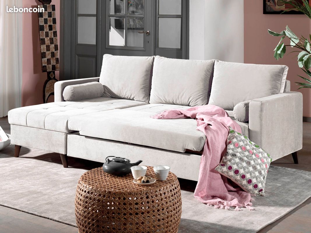 POLAR - Canapé d'angle réversible convertible - en velours au design scandinave - 4 places - Beige (image 1)