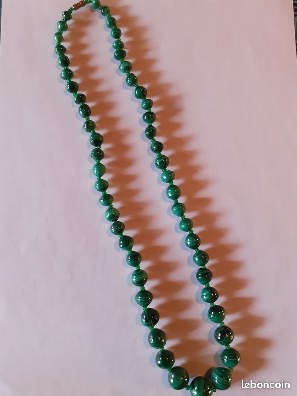 Collier Rétro Perle Verte Marbrée - 2 Grosseurs - Fermoir Or - Occasion (voir Description)