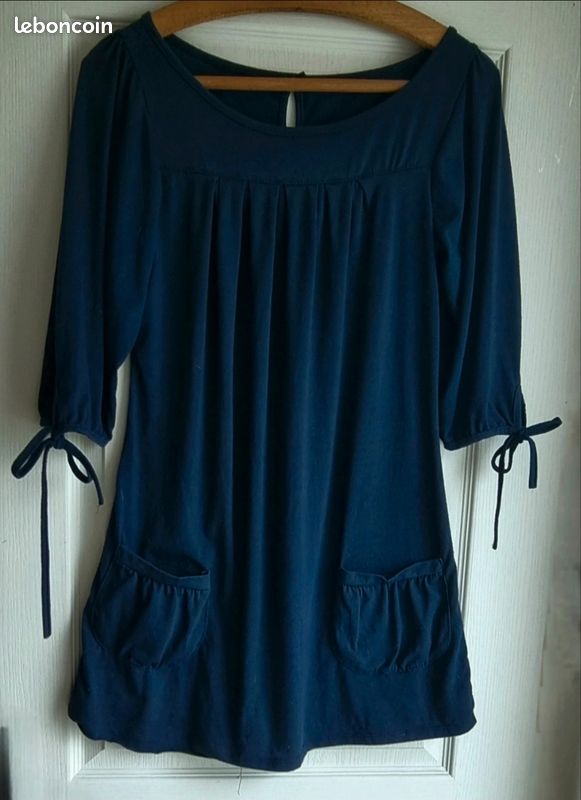 Robe Tunique Bleu Foncé Et Noir Vintage - Taille M (38) - Manches Longues - Occasion Très Bon état