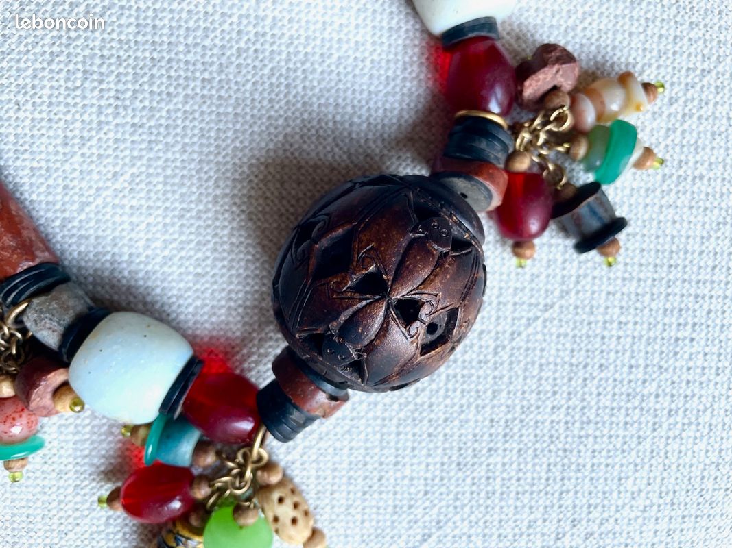 Collier indien en pierre verre métal bois os (image 5)