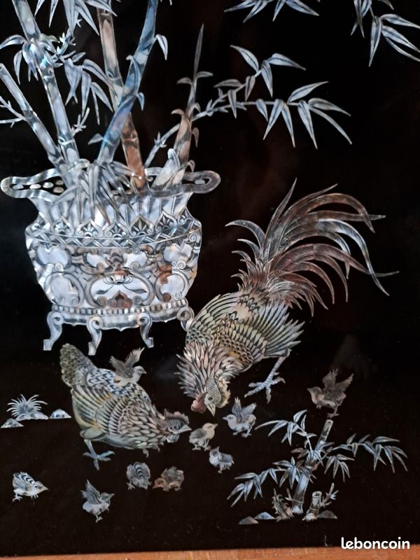 Grand panneau de Laque Marquetés Instration De Nacre. 80 cm X 40 cm. Poule et coq. Chine (image 6)