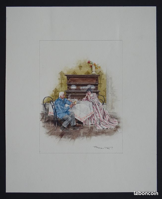 La Visite du Parent élégante Aquarelle originale 19e dessin ancien de 1895 John MENTA (image 2)