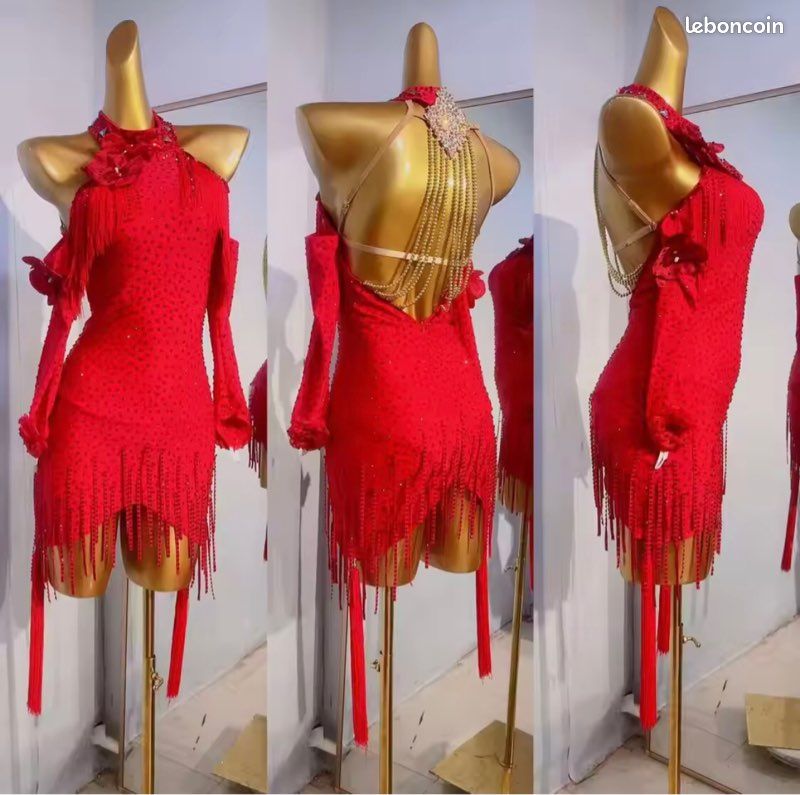 Monduelle Femme Décolleté Robe De Danse Latine Rumba Compétition Cha-Cha Soirée Samba Tango Ballet sans Manches Body-Jupe avec Gants Blanc S