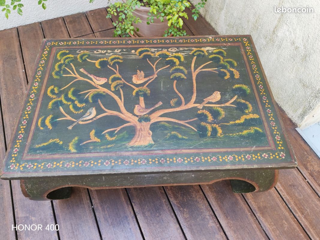 Table salon charme assuré lourde beau bois motif peint oiseau arbre 90x60x42 (image 8)