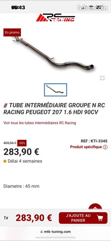 Tube intermédiaire groupe n rc racing peugeot 207 1.6 hdi 90cv (image 1)