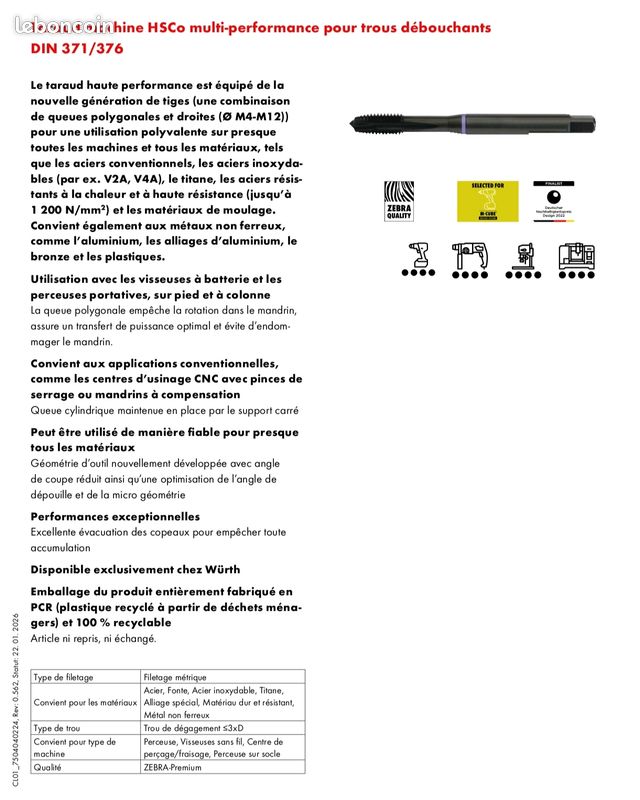 Taraud machine jaune HSCo DIN 371/376 - trou débouchant | WURTH