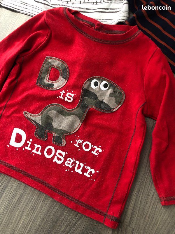 Lot de 3 tee-shirts manches longues 18 mois motif dinosaure, chien et à rayures (image 2)