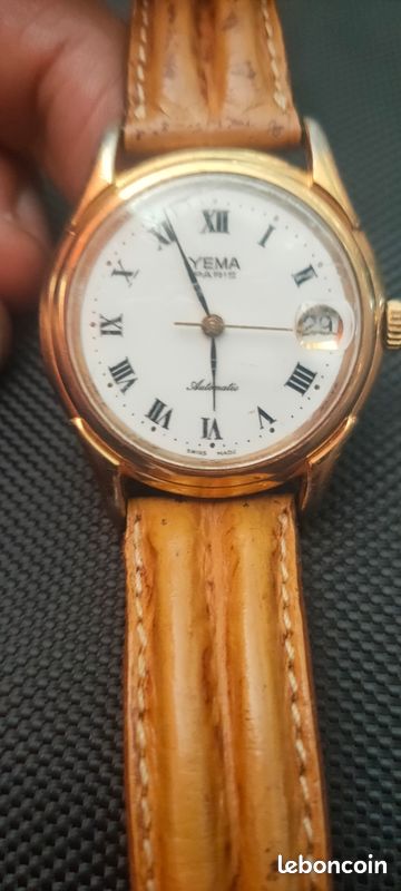 Montre Mécanique YEMA-PARIS Made In France - Cadran Blanc, Boîtier Acier, Bracelet Cuir Noir - Occasion Fonctionnelle