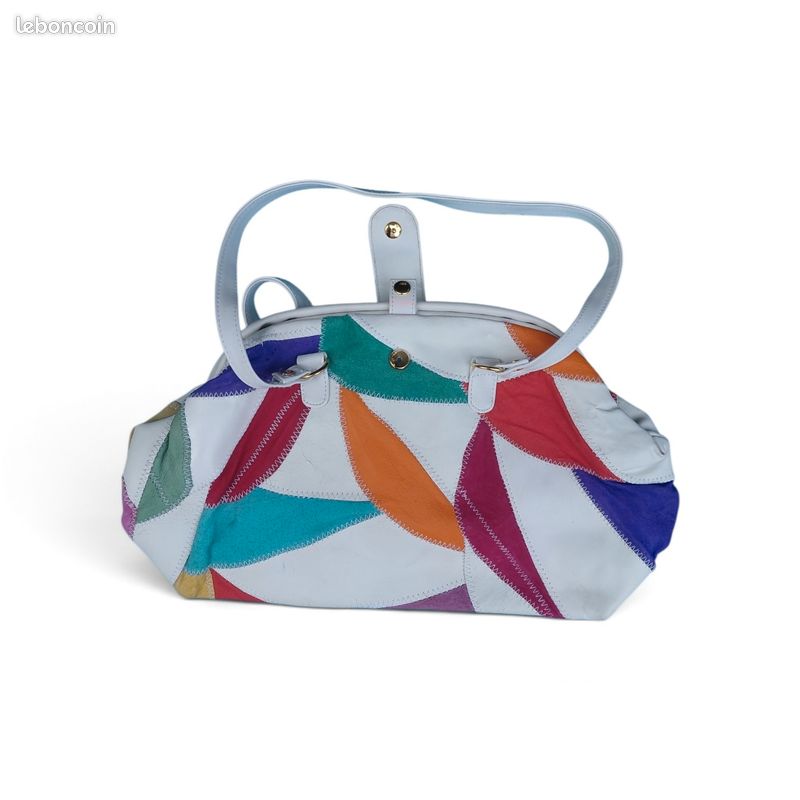 Joli sac à main vintage en cuir des années 80 blanc magenta rose arc-en-ciel multicolore (image 1)