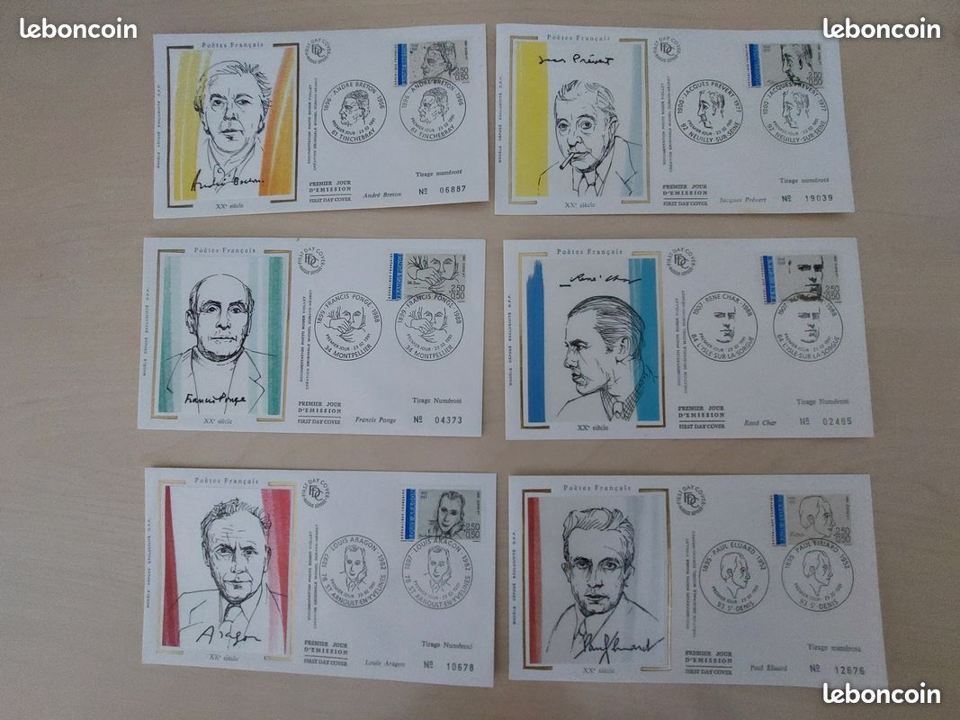 6 enveloppes 1er jour - Ecrivains poètes francais 1991 (image 1)
