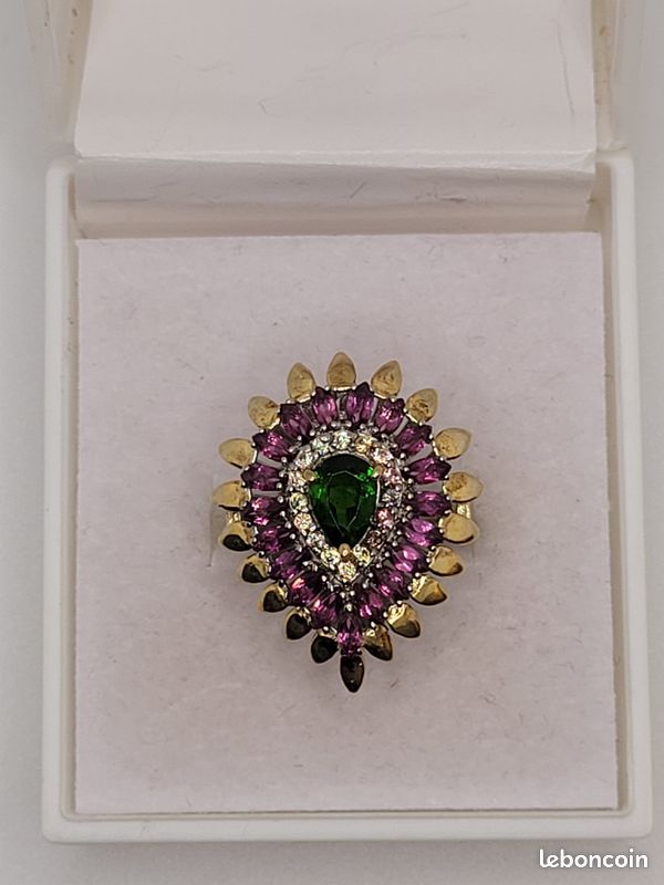 Bague Diopside de Russie forme goutte, Grenats Rhodolites (image 1)
