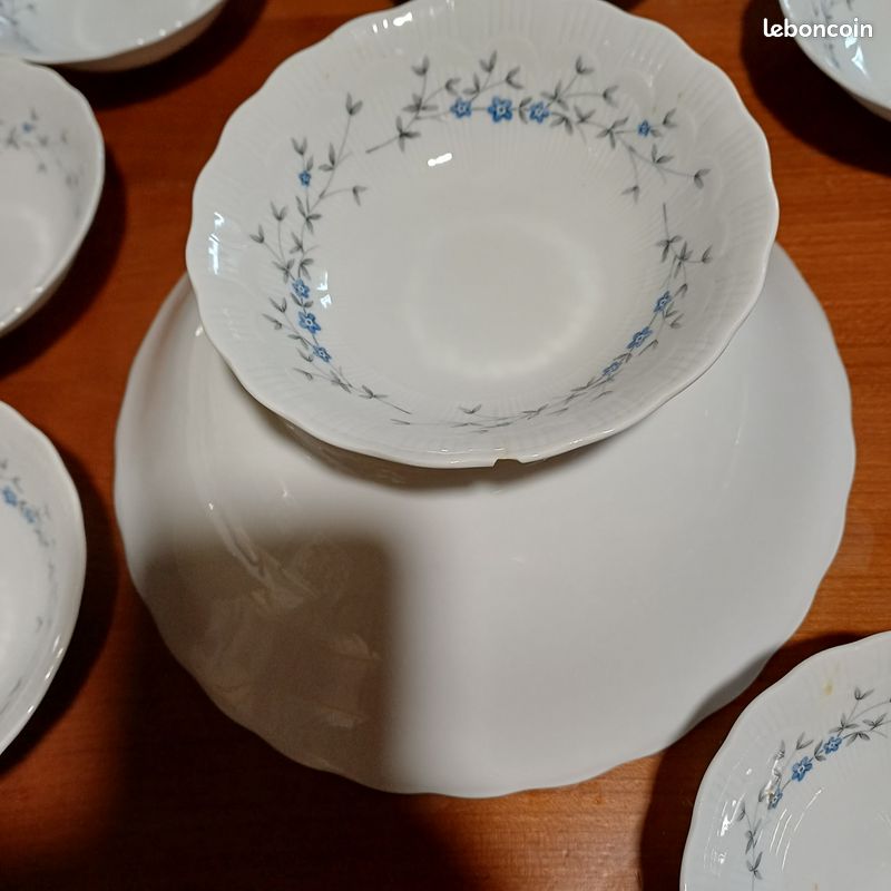 Service à Dessert Vintage – Grand Saladier + 5 Coupelles – Motif Fleurs Bleues – Verre Cristal