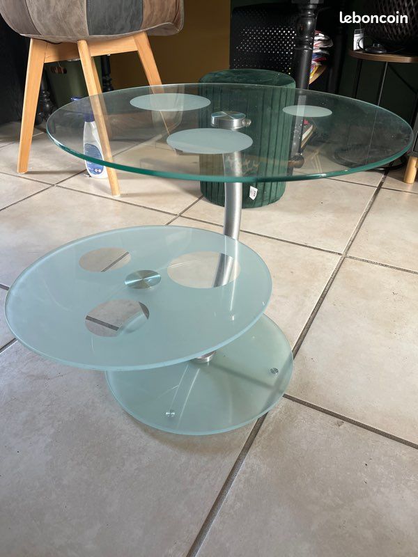 Table basse ronde en verre -deux plateaux diamètres différents - TBE (image 3)