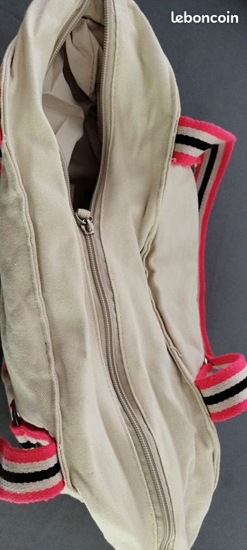 Sac:/Cabas "Jennyfer" en toile beige à rayures roses, écrues et noires - Doublé - 3 poches intérieures - Fermeture par fermeture éclair - Dimensions : 41cmX31cm env (image 6)
