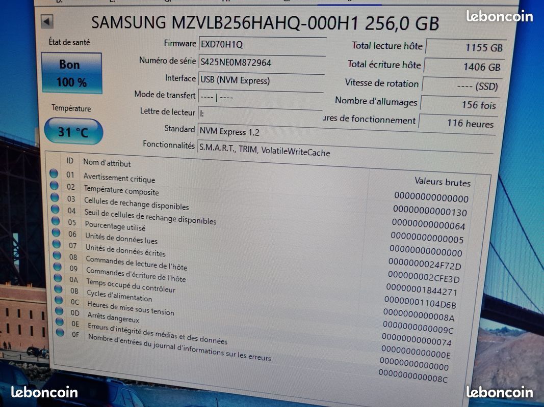 SSD SAMSUNG 256GB M.2 2280 NVME PCIe comme neuf (image 2)