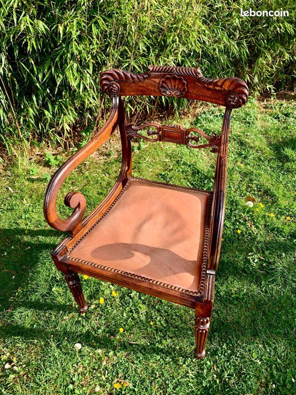 Ensemble bureau et 2 fauteuils style Empire bois massif et cuir (image 2)