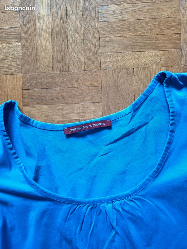 T-Shirt Comptoir Des Cotonniers Bleu - Taille 36, 100% Coton - Occasion Très Bon État (Trace)