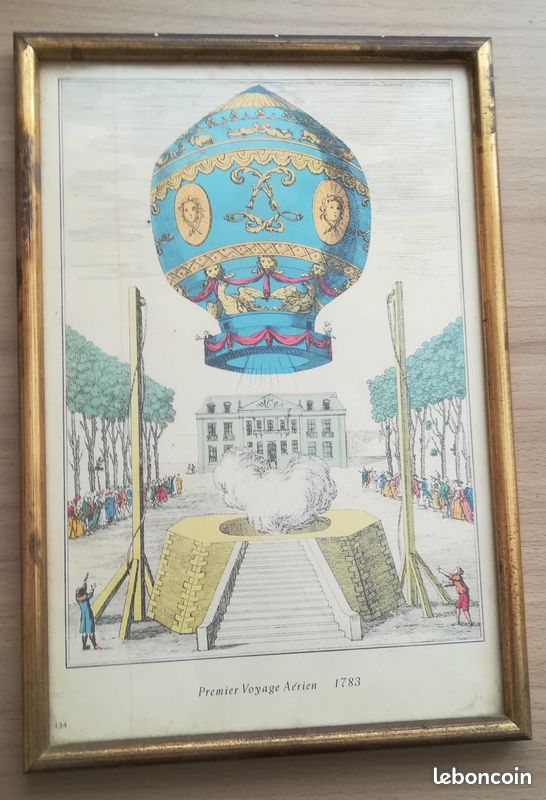 Montgolfière aviation Ballon aérostat Gravure ancienne 21 x 31,5 cm "Premier voyage 1783" Encadremant bois doré (image 1)