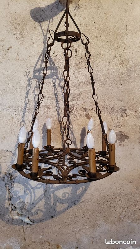 Grand Lustre Ancien En Fer Forgé Vert – 8 Lumières – Style Taverne – E27 – Occasion
