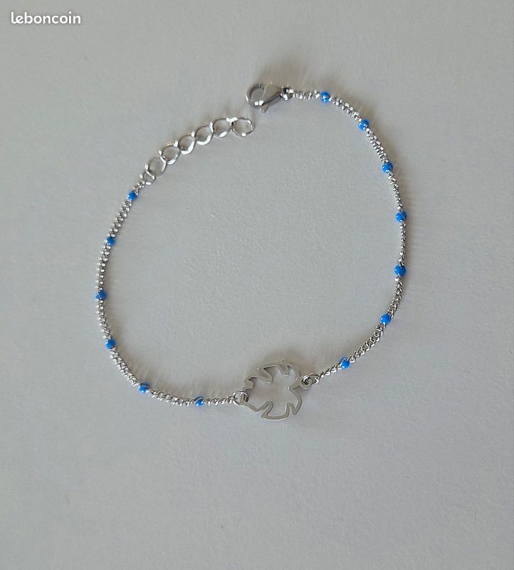 Bracelet Bijou Vintage - Perles Bleues, Nacre, Cristal, Feuilles, Couleur Argenté - Modèle 4862