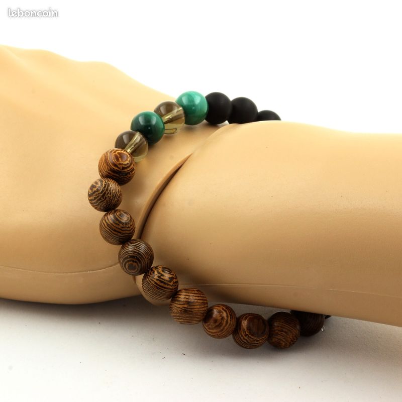 Bracelet Perles Malachite du Congo + Quartz fumé + Onyx noir mat + bois 8 mm. Fabriqué en France (image 2)