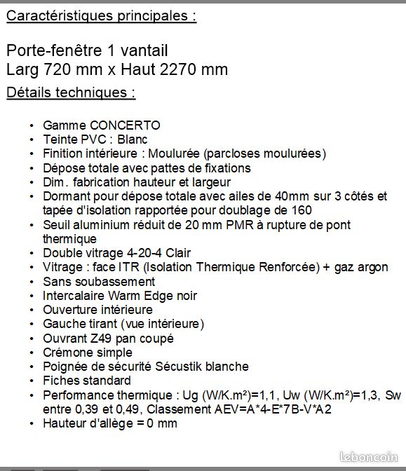 Porte-Fenêtre 1 vantail (image 2)