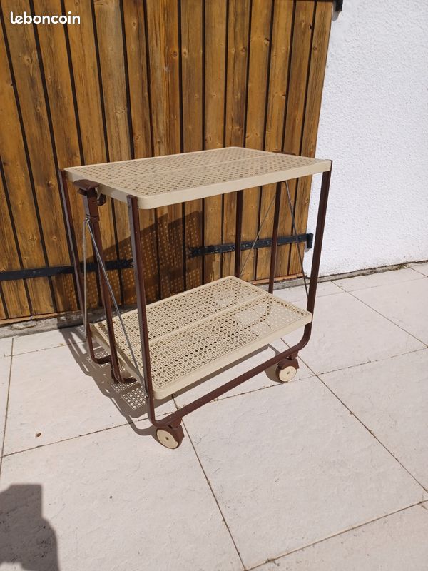 Table servante desserte chariot pliante à roulettes 2 niveaux fer ajouré vintage Design Louis Lucien Lepoix FRZ 80's allemand (image 2)