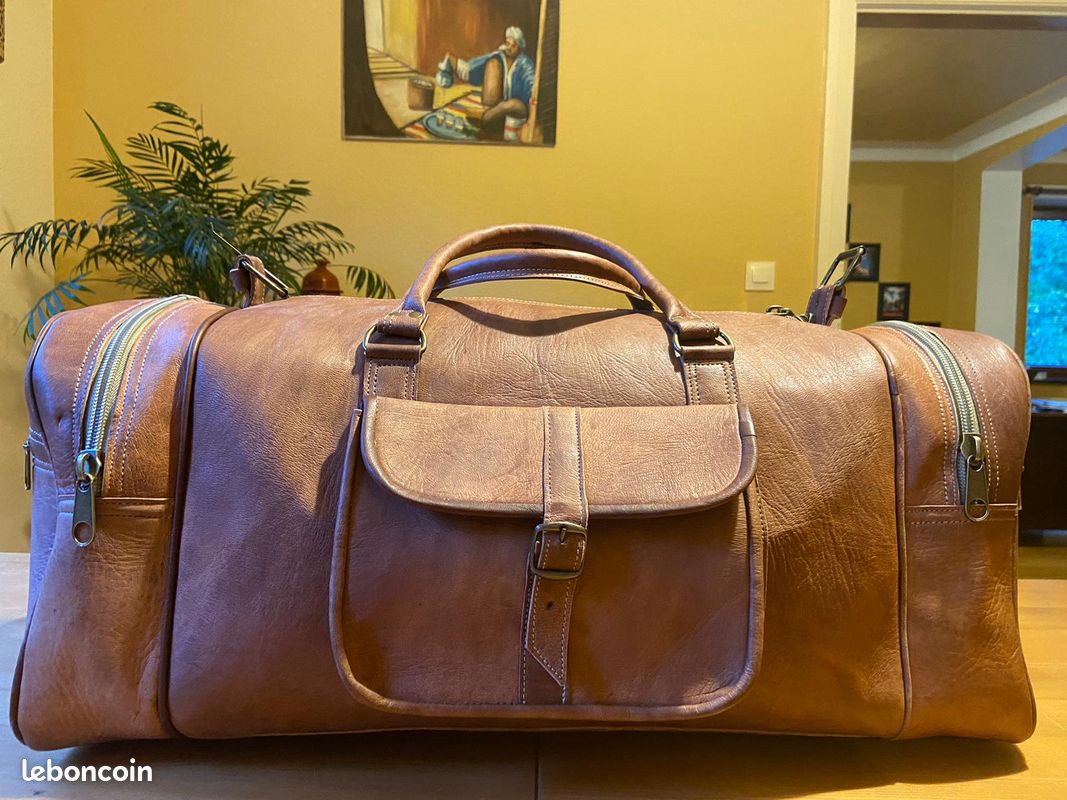 Grand Sac De Voyage Vintage Femme - Cuir Marron, 76 Cm - Duffel Week-end, Fait Main