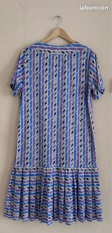 Robe vintage plissée Made in France Motif géométrique violet & bleu Taille 3 (42/44) (image 9)