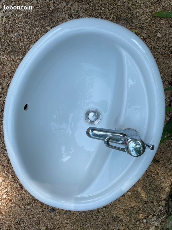 Vasque lavabo de salle de bain blanc avec mitigeur inox (image 4)