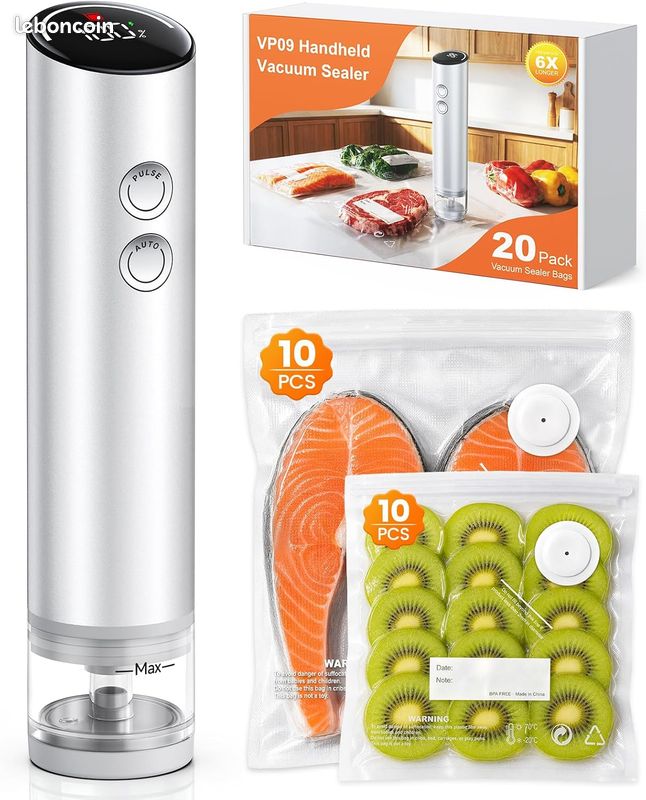 Machine sous Vide Alimentaire Portable avec 20 Sacs Réutilisables 70kPa Puissant Appareil Mise Sous Vide avec Réservoir Visible, Auto&Pulse, Alliage d'Aluminium, Écran LED, pour Secs&Humides (image 1)