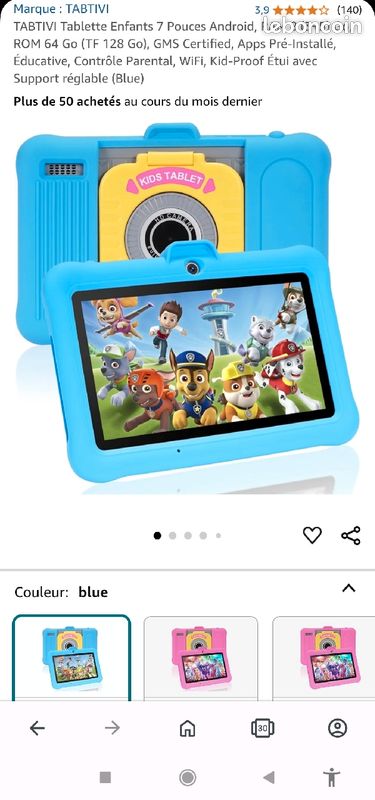 Tablette Enfants TABTIVI K708 7 Pouces – Android, 4G, 64 Go, RAM 8 Go, Bleue – Neuf