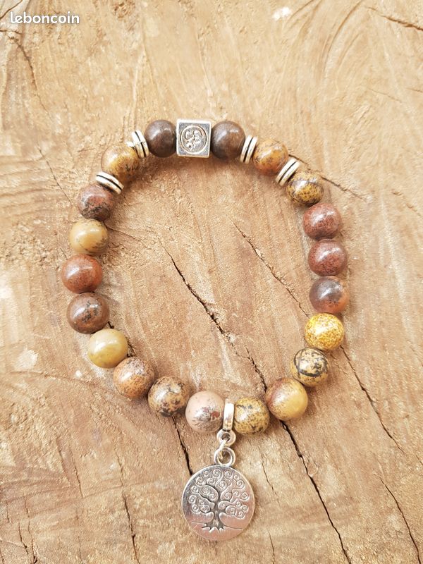 Bracelet extensible pierres naturelles jaspe dendritique (arbre de vie et aum) (image 1)