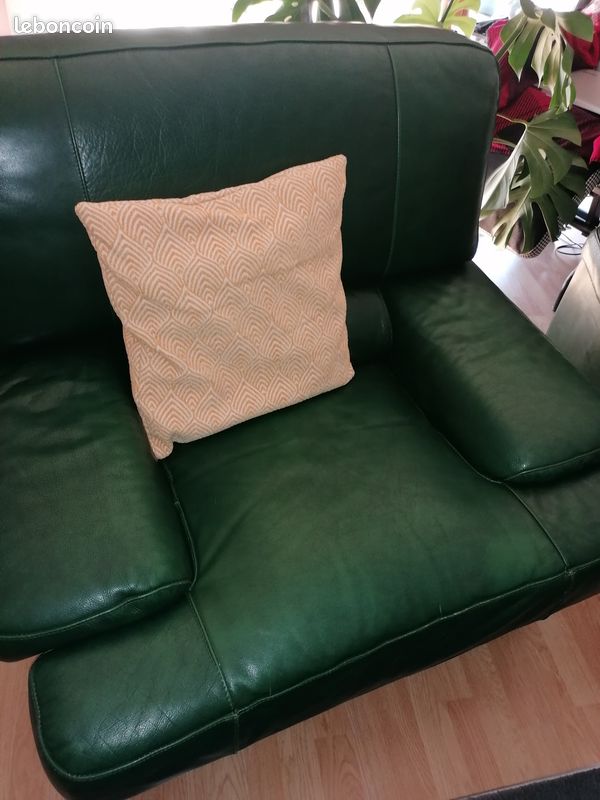 A vendre cause double emploi canapé et 2 fauteuils cuir vert bon etzt (image 4)