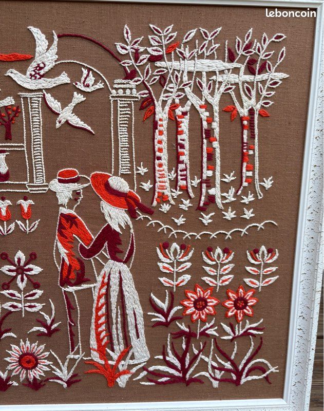 Grand Canevas Vintage Brodé Main - vintage.Scène Romantique - 85,5 x 45 cm (image 3)