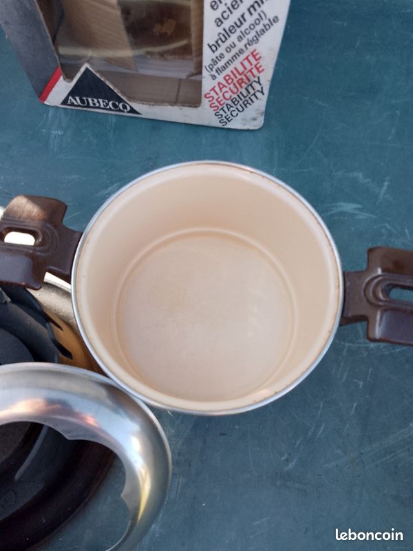 Service à fondue Aubecq pied en fonte caquelon en email decor Chaume avec 4 raviers gris (image 4)