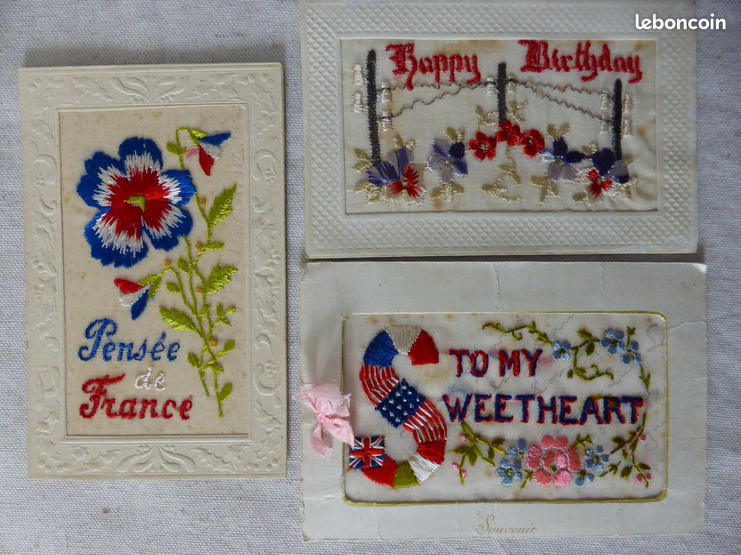 Carte Postale Brodée En Soie WW1 - Souvenir De France 1918 - Avec Petite Carte - Occasion