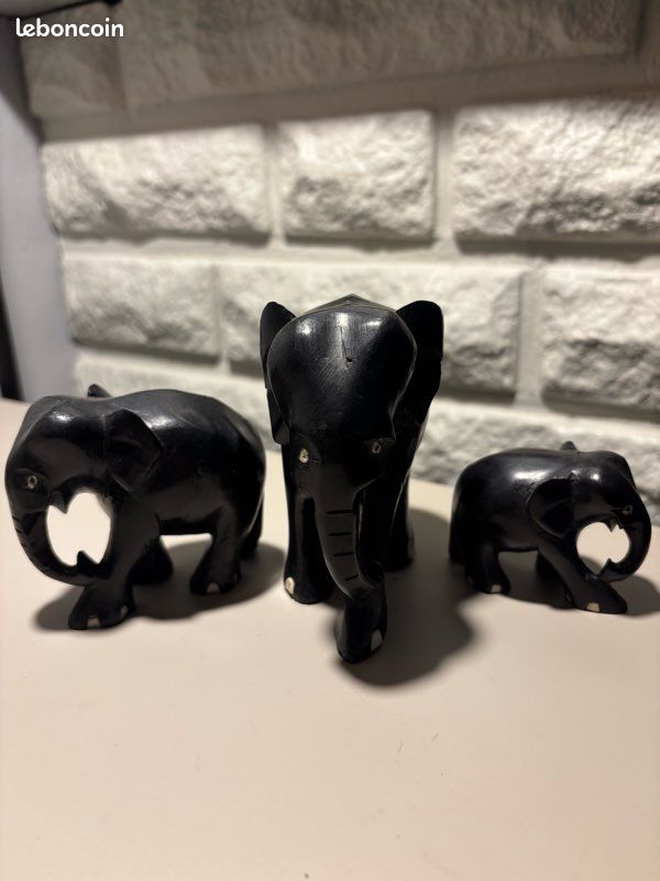 plateau bois Exotique sculpté Aux 3 Éléphants+ Défenses Grand Format
